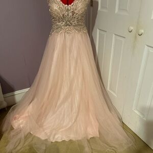 pink chiffon gown. . Rhinestone encrusted bodice. .Spaghetti  straps.